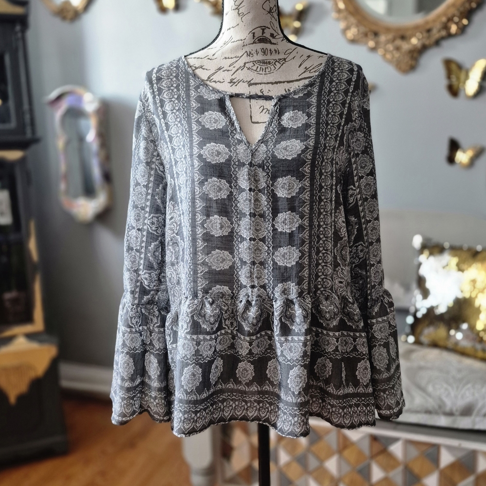 Como Vintage Boho Charcoal and White Patterned Blouse Small